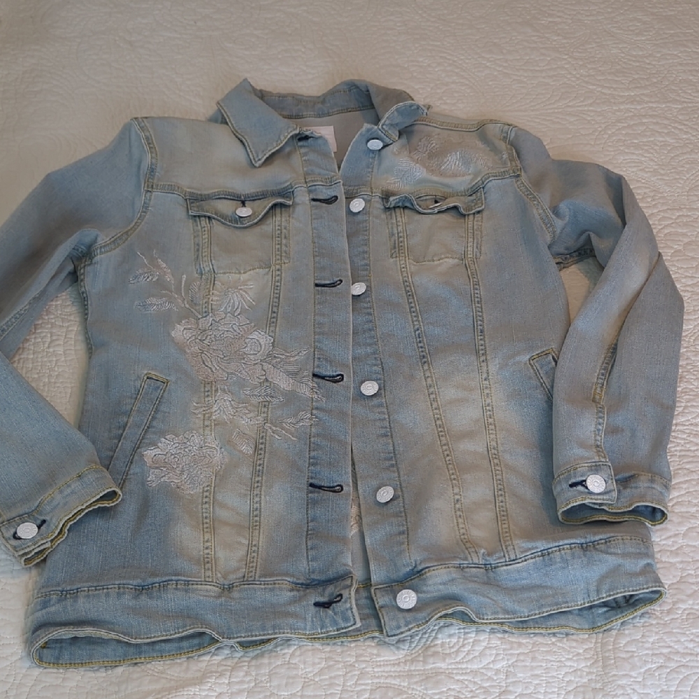 LuLaRoe Light Blue Denim Jacket with Floral Embroidery Size L